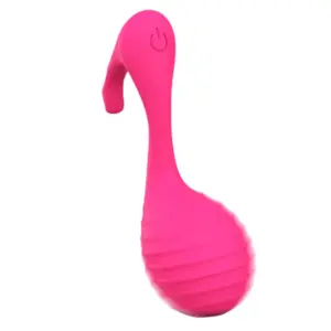 Pink musical note-shaped love egg with a curved flexible tail and ribbed bulb, featuring a raised power button on the neck for easy control.