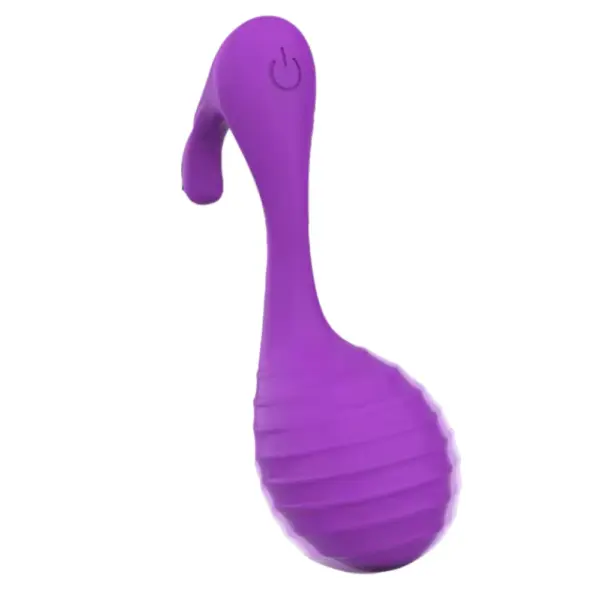 Purple version of the Notiva love egg featuring the same flexible neck and ribbed egg shape, with a soft matte silicone finish and built-in power button.