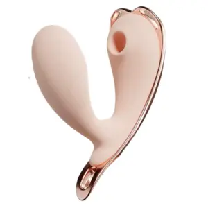 The PantyDrop App Enabled G-Spot Vibrator in a soft blush tone with a rose gold frame, featuring a contoured dual-stimulation design and built-in suction tip.