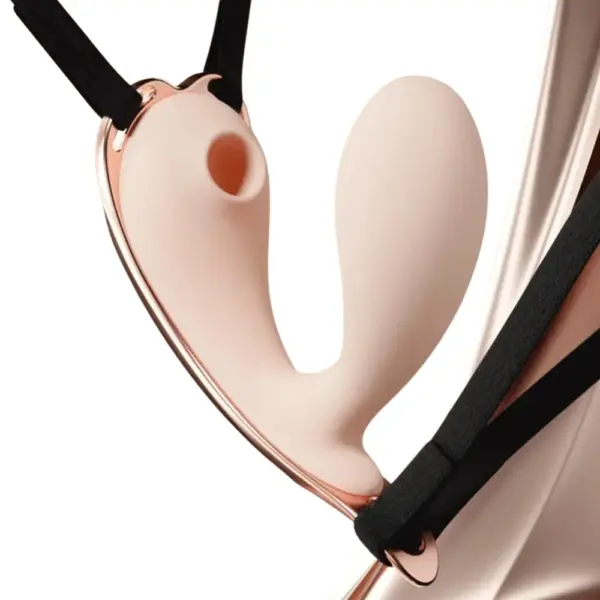 Close-up of the PantyDrop App Enabled G-Spot Vibrator strapped into wearable lingerie, showing its hands-free design for discreet and mobile use.