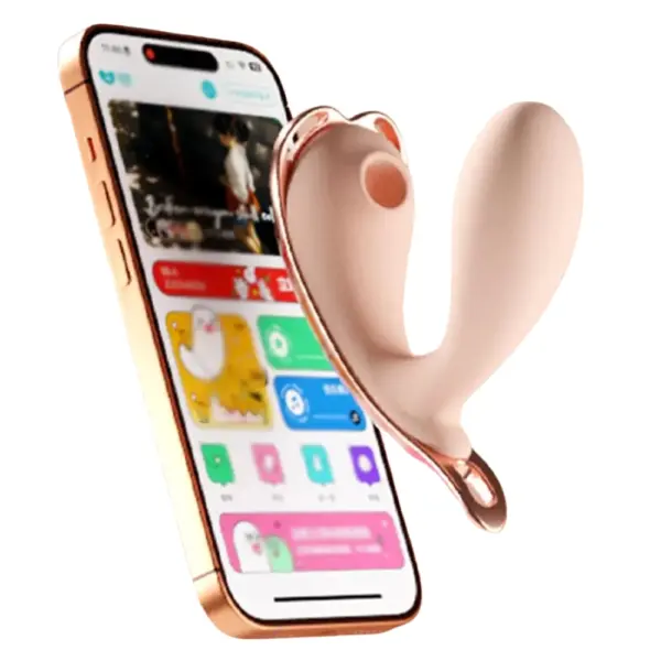The PantyDrop App Enabled G-Spot Vibrator displayed next to a smartphone screen, highlighting its remote control features via Bluetooth-enabled mobile app.