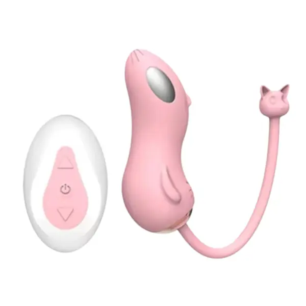 Wireless remote-controlled vibe egg set in pink, showing the main mouse-shaped vibrator with metallic accent and its oval remote with up-down controls and power button.