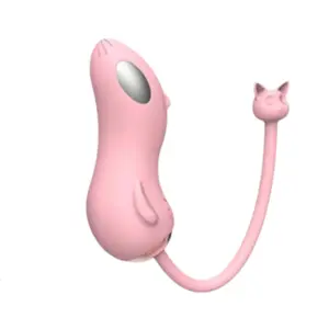 Pink silicone wearable vibrator shaped like a cartoon mouse with a flexible tail ending in a cat-shaped bulb, designed for dual stimulation and portability.