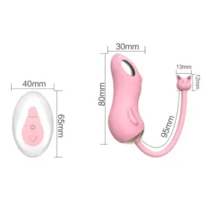 Labeled product dimensions showing the vibrator at 80mm length and 30mm width, the tail at 95mm long, and the remote measuring 65mm by 40mm.