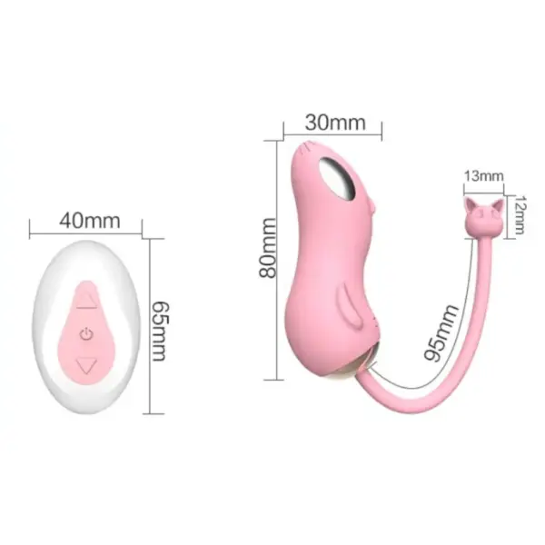 Labeled product dimensions showing the vibrator at 80mm length and 30mm width, the tail at 95mm long, and the remote measuring 65mm by 40mm.