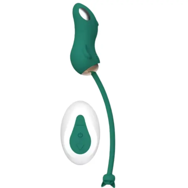 Green version of the Sparxa vibe egg with matching remote control, featuring a whimsical mouse design and flexible silicone tail with a bowtie-like tip.