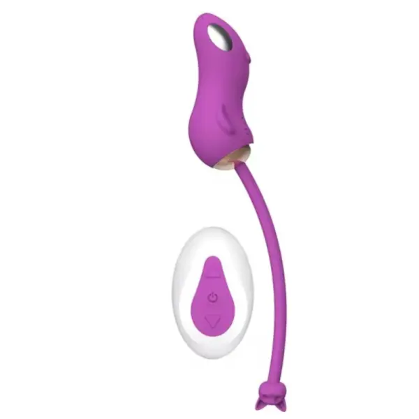 Purple Sparxa mouse-shaped wearable vibrator with a white and purple remote, featuring a curved tail ending in a cat-shaped accent for playful dual-point stimulation.