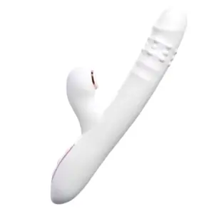 Angled view of the white PearlTide vibrator, featuring a slightly curved shaft with textured ridges and a separate clitoral arm, designed for rotating and thrusting stimulation.