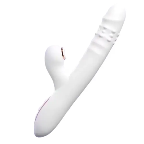 Angled view of the white PearlTide vibrator, featuring a slightly curved shaft with textured ridges and a separate clitoral arm, designed for rotating and thrusting stimulation.
