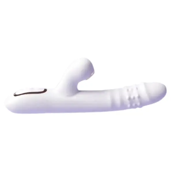 Side profile of the PearlTide vibrator showing the external stimulator and ribbed texture near the tip for enhanced internal sensation.