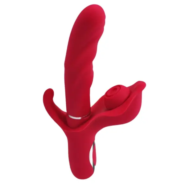 Angled view of the red ThrustPetal vibrator with a textured insertable shaft and wide, petal-shaped base featuring a flicking tongue stimulator.