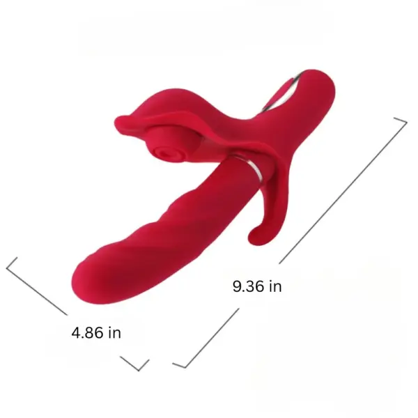 Flat-lay image of ThrustPetal with labeled measurements: 4.86-inch shaft and 9.36-inch total length, showing ergonomic shape and curved design.