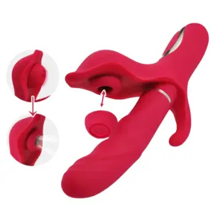 ThrustPetal rabbit vibrator shown in use-ready position with water droplets on the red silicone surface, emphasizing waterproof construction.