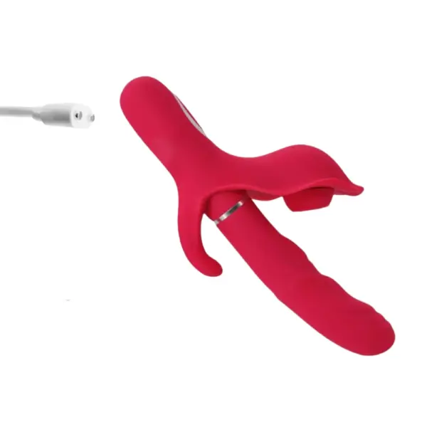 Side view of the ThrustPetal vibrator beside its magnetic charging cable, showing the sleek red handle and rear control button placement.