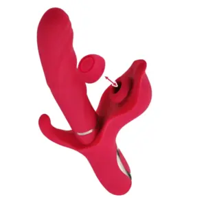 ThrustPetal vibrator shown with its detachable flicking tongue raised from the petal base, revealing the internal socket for interchangeable stimulation heads.