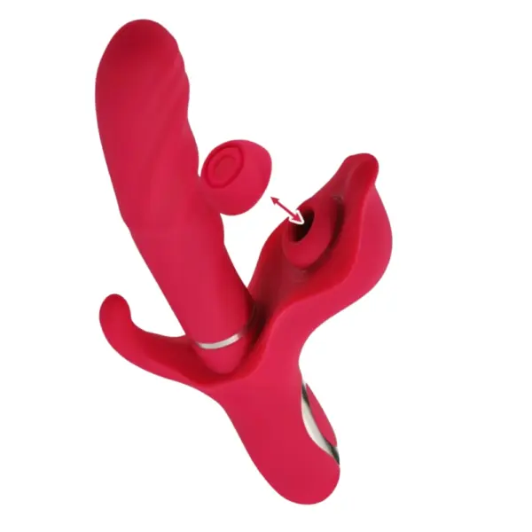 ThrustPetal vibrator shown with its detachable flicking tongue raised from the petal base, revealing the internal socket for interchangeable stimulation heads.
