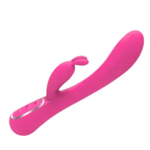 Quiet Rabbit Vibrator – HushHop in a relaxed side view showing the curved shape, ridged shaft, and flexible clitoral stimulator.