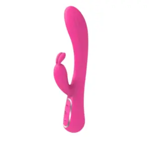 Quiet Rabbit Vibrator – HushHop shown in a standing position with smooth pink silicone, curved shaft, and bunny-ear clitoral stimulator.