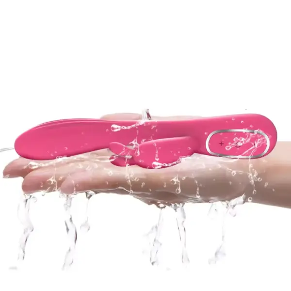 Quiet Rabbit Vibrator – HushHop resting on a hand under running water, emphasizing its waterproof silicone body and easy cleaning.