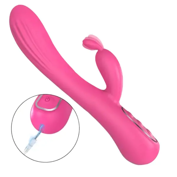 Quiet Rabbit Vibrator – HushHop with charging cable inserted, highlighting its rechargeable functionality and soft-touch buttons.