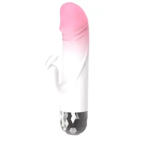 Compact Vibrating Rabbit – MiniHop with a realistic pink gradient tip, dual stimulation design, and a gem-cut black base for easy grip.