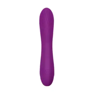 Purple version of the Voltette vibrating dildo shown with a visible power button and gently curved silicone body designed for comfort and control.
