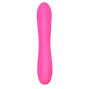 Voltette USB Rechargeable Vibrating Dildo in bright pink featuring a tapered head with diagonal ridges for added internal stimulation.