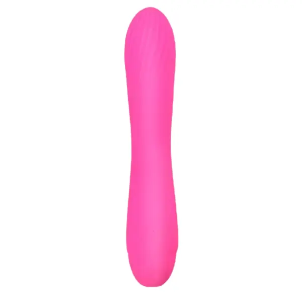 Voltette USB Rechargeable Vibrating Dildo in bright pink featuring a tapered head with diagonal ridges for added internal stimulation.