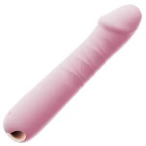 Close-up of the Thrustique thrusting vibrating dildo in blush pink, featuring a rounded tip and soft ribbed texture along the shaft.