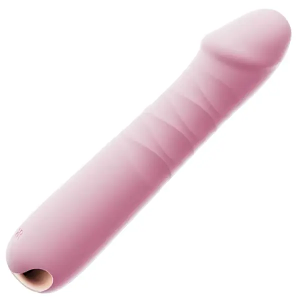 Close-up of the Thrustique thrusting vibrating dildo in blush pink, featuring a rounded tip and soft ribbed texture along the shaft.