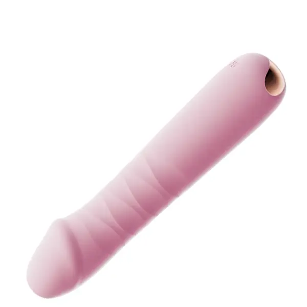 Angled side view of the Thrustique dildo showing its lifelike contours and ergonomic shape in a smooth, matte finish.