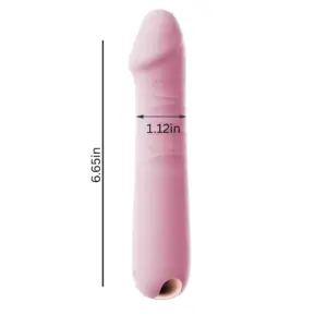 Front view of the Thrustique thrusting vibrating dildo labeled with dimensions of 6.65 inches in length and 1.12 inches in width at the head.