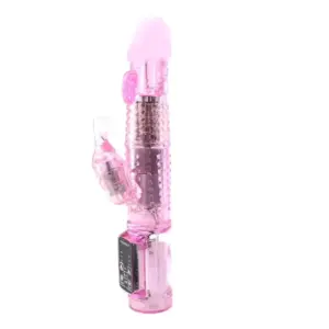 Straight-on view of the PulseThrust in translucent pink, featuring a realistic head, rotating metal beads, ribbed shaft, and a clear bunny-shaped clitoral stimulator.