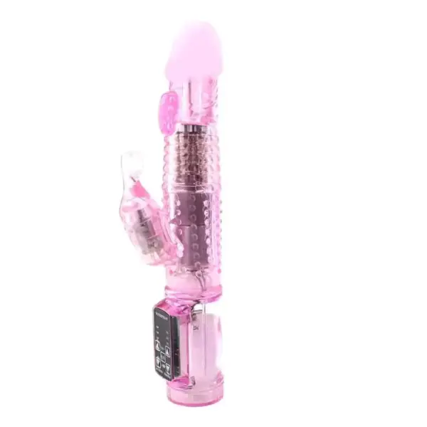 Straight-on view of the PulseThrust in translucent pink, featuring a realistic head, rotating metal beads, ribbed shaft, and a clear bunny-shaped clitoral stimulator.