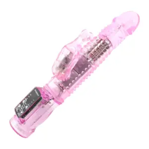 PulseThrust vibrator shown at an angle, highlighting its telescopic shaft with rotating beads and a rabbit-shaped external stimulator positioned near the base.