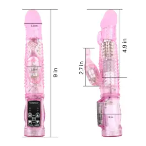 Two annotated views of the PulseThrust showing full length of 9 inches, 4.9-inch insertable length, and 2.7-inch stimulator height, with width details in centimeters.
