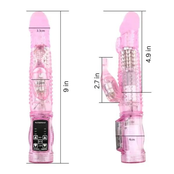 Two annotated views of the PulseThrust showing full length of 9 inches, 4.9-inch insertable length, and 2.7-inch stimulator height, with width details in centimeters.