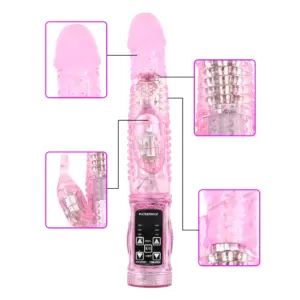 Labeled product image showing close-ups of the PulseThrust's flexible tip, rotating beads, dual-motor stimulator, and control pad with vibration and rotation settings.