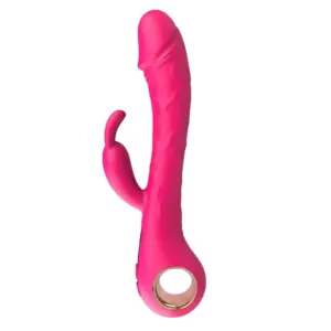 Dual Stim Curved Rabbit Vibrator – ArcThrob in bold pink silicone featuring a veiny, curved shaft and flexible external arm for simultaneous G-spot and clitoral stimulation.