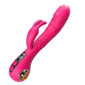 Close-up of the ArcThrob rabbit vibrator showing its built-in LED display, power and mode buttons, and a looped metallic handle for ergonomic grip and control.