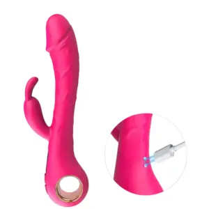 Side view of the ArcThrob rabbit vibrator with an inset showing the magnetic charging cable connecting to the side of the silicone shaft.