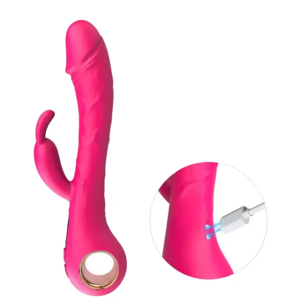 Side view of the ArcThrob rabbit vibrator with an inset showing the magnetic charging cable connecting to the side of the silicone shaft.