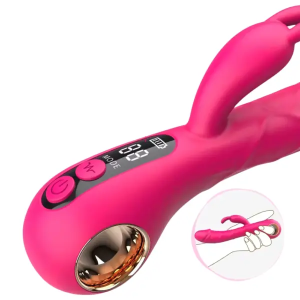 Zoomed-in view of the ArcThrob’s digital control panel with power and mode buttons, plus an inset illustration demonstrating how to hold the vibrator using its ring handle.