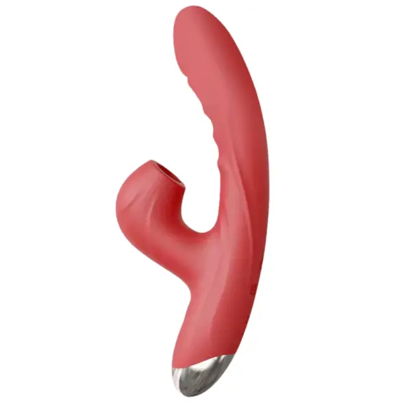 Clitoral Suction Rabbit Vibrator – BloomThrob in matte red silicone with an angled shaft for G-spot stimulation and a curved suction arm designed for targeted clitoral pleasure.