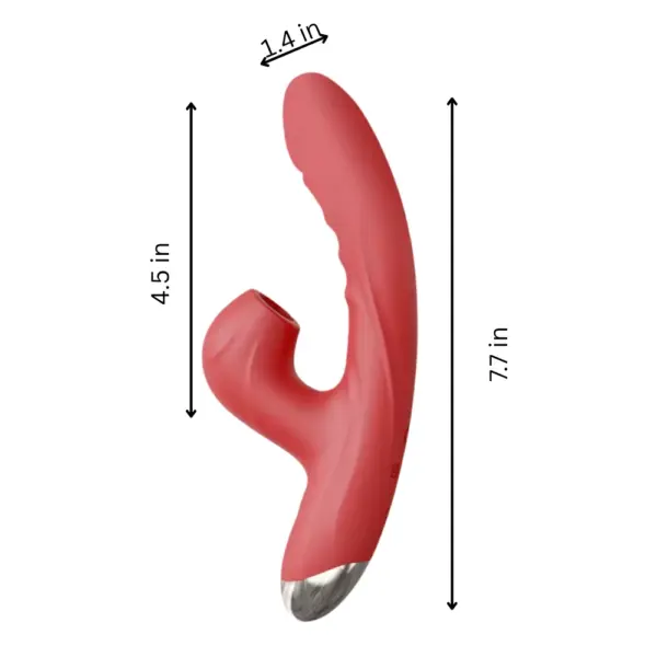 Clitoral Suction Rabbit Vibrator – BloomThrob shown with measurements indicating a 7.7-inch total length, 4.5-inch suction arm, and 1.4-inch wide head for ergonomic fit.