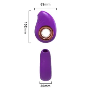 Soft Silicone Clitoral Suction Vibrator – Silkaire shown from front and side angles with dimensions labeled in millimeters for height, width, and depth.
