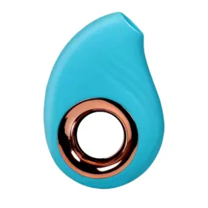 Soft Silicone Clitoral Suction Vibrator – Silkaire in turquoise blue with a metallic rose gold control ring and ergonomic teardrop shape.