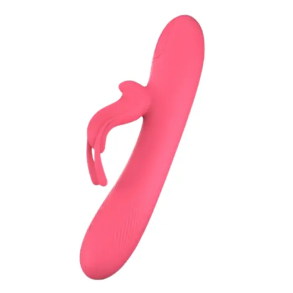 Angled side view of the HarePlay in pink, highlighting the curved shaft and twin flexible ears designed for enhanced dual stimulation.