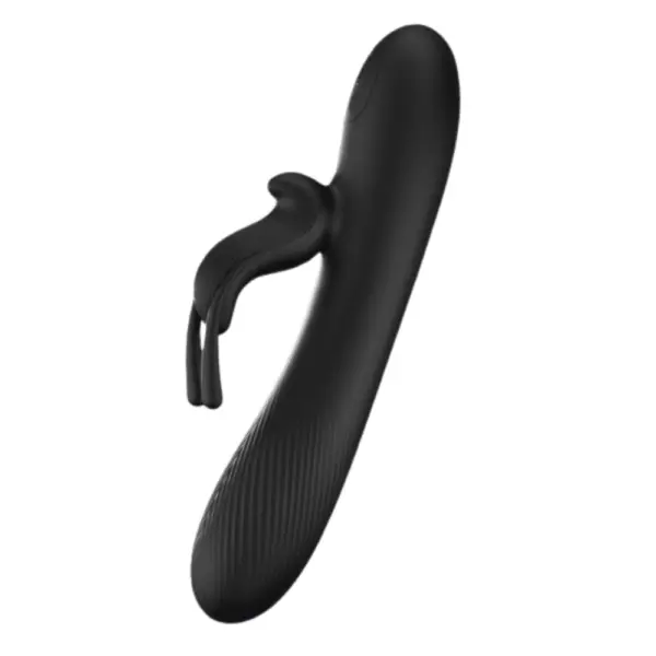 HarePlay vibrator in matte black with the same ribbed shaft and long flexible clitoral ears, offering a sleek, modern aesthetic.