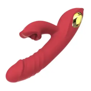 Close-up of the Scarletta vibrator displaying its slightly curved, textured shaft and the soft, open clitoral stimulator that mimics a nibbling action.